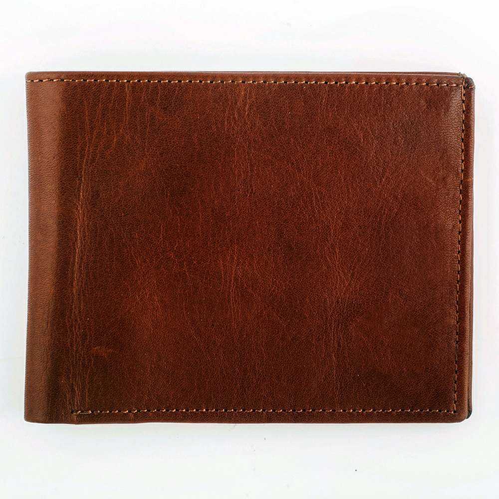 Cognac Brown Smooth Leather Bifold Wallet with Fine Edge Stitching